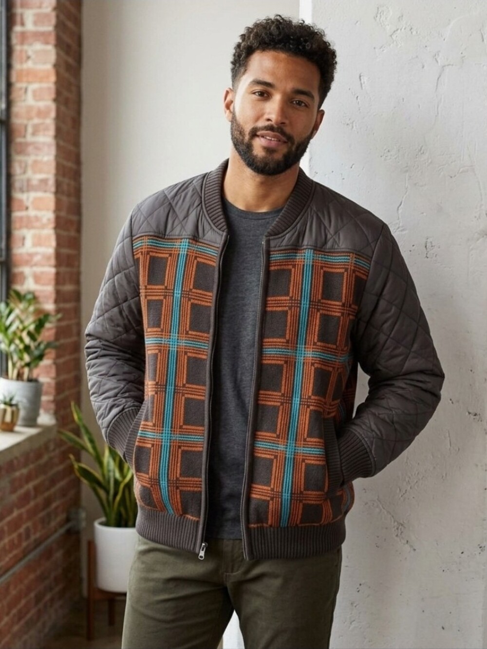 Sun + Stone Gray Quilted Bomber with Orange & Teal Plaid Sweater Panels Sz L